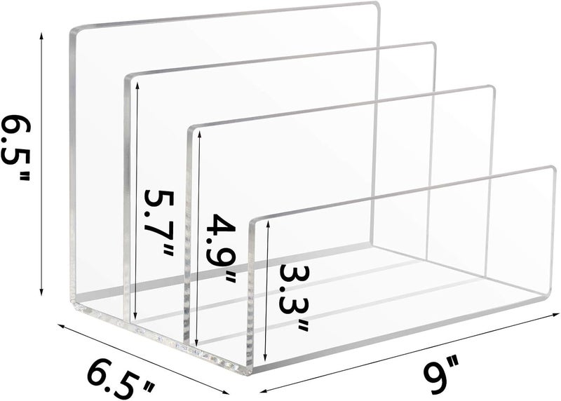 Tasybox Acrylic File Holder, Clear File Sorter Desk File Organizer 3 Sections Office Desktop Rack 9" x 6.5" x 6.5" - Image 2
